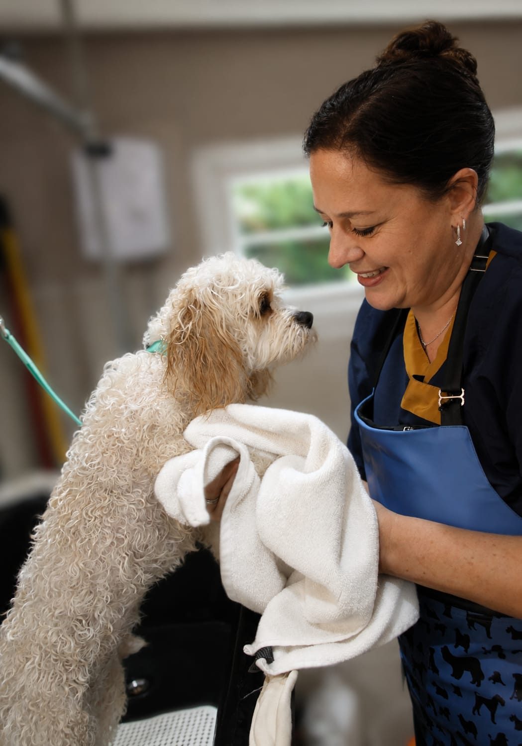 Sally towel-drying a small dog after its bath, both perfectly relaxed